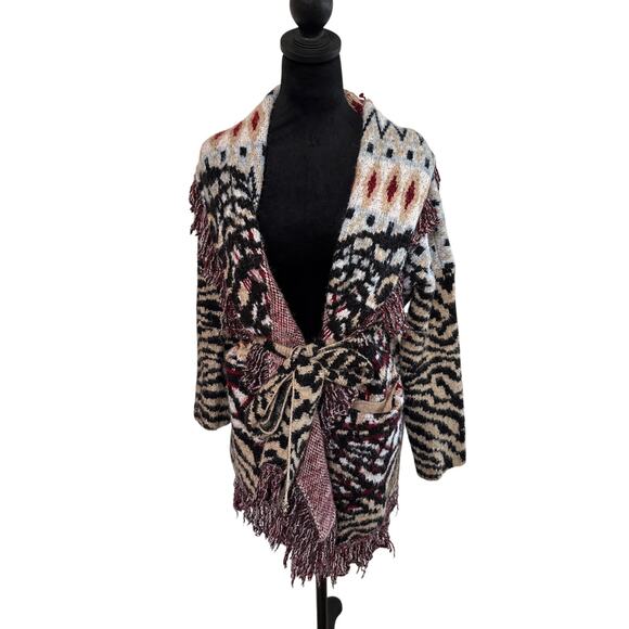 Anthropologie XS Fringe Knit Belted Boho Cardigan Sweater - Picture 1 of 6